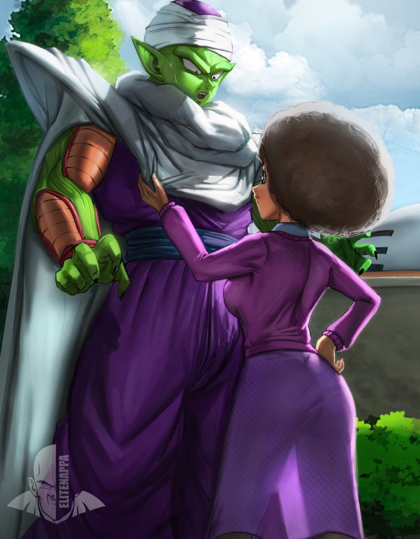 afro blush dark-skinned_female dark_skin dragon_ball elitenappa female green_skin janet_(dragon_ball) namekian piccolo shirt silhouette size_difference skirt