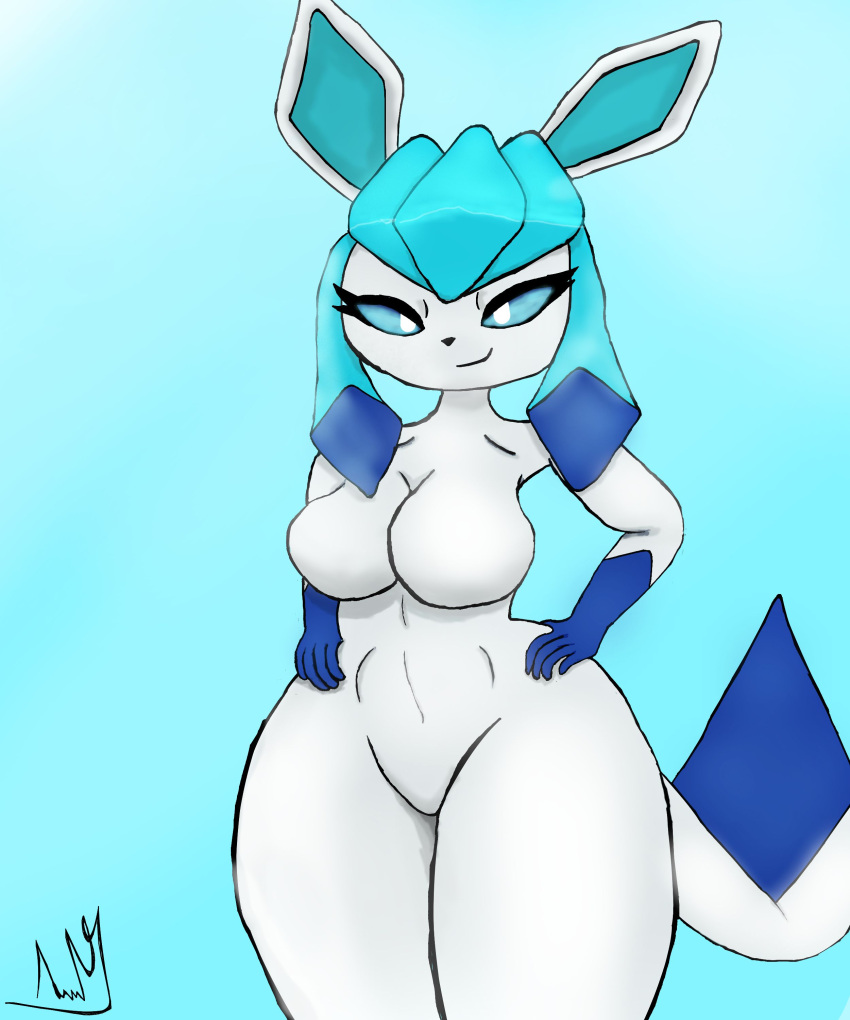 artist_request artist_signature big_breasts blue_background blue_eyes blue_theme female furry game_freak glaceon hands_on_hips hands_on_own_hips hourglass_figure nintendo pokemon solo thick_thighs unknown_artist unknown_artist_signature wide_hips