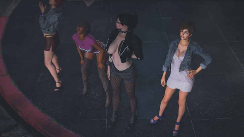 4girls big_breasts black_hair breasts catherine_scratch-patrickson choker cleavage female female_focus female_only glasses grand_theft_auto grand_theft_auto_online grand_theft_auto_v heeled_boots heels hooker leather leather_boots leather_jacket looking_away multiple_girls nopixel nullinvoid panties panties_showing prostitute prostitution spikes stockings street_corner tattoo tattoo_on_chest tattooed_arm tattoos