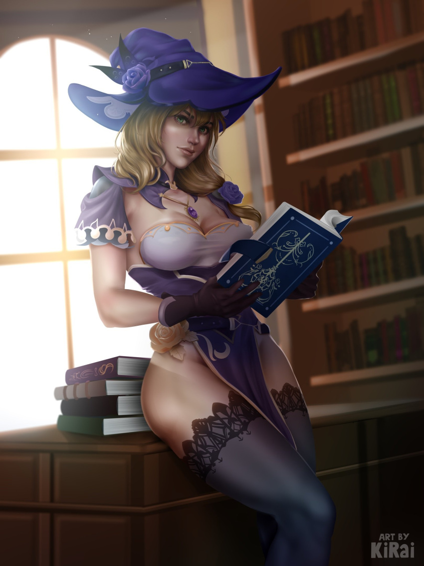 1girls 2021 book brown_hair detailed_background female female_only genshin_impact green_eyes hi_res holding_book kiraiarts lisa_(genshin_impact) long_hair looking_at_viewer smiling smiling_at_viewer solo stockings thick_thighs witch_hat