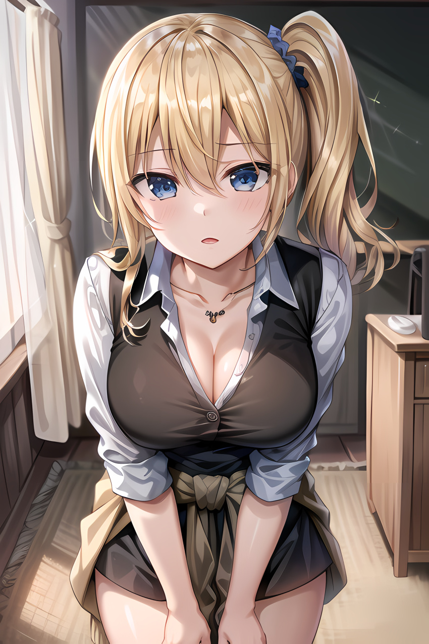 ai_generated blonde blonde_hair blue_eyes breasts cleavage edosynf female hair_between_eyes hair_ornament hair_scrunchie hayasaka_ai highres jewelry kaguya-sama_wa_kokurasetai_~tensai-tachi_no_renai_zunousen~ looking_at_viewer necklace school_uniform scrunchie shuuchiin_academy_school_uniform side_ponytail solo