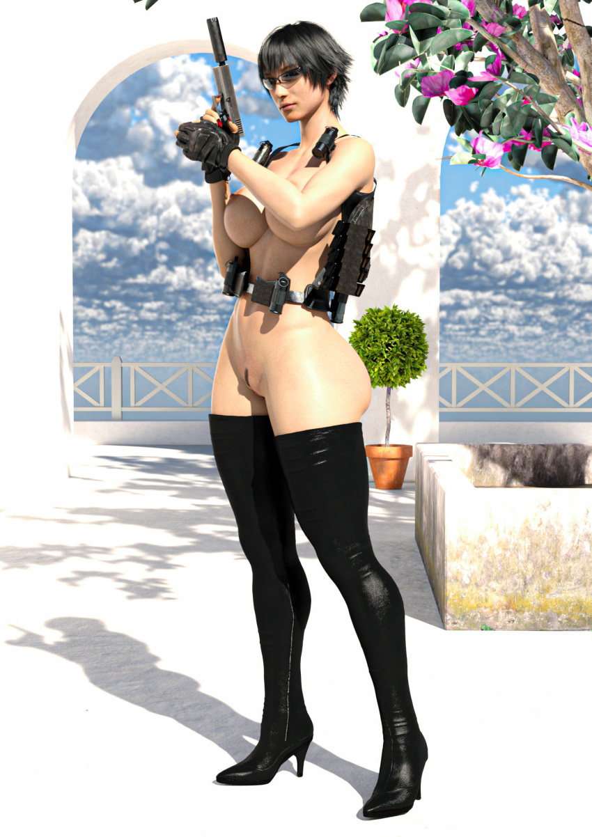 1girls 3d areolae bangs belt black_hair boots breasts casual devil_may_cry eyewear female female_focus female_only firearm gloves gun handgun harness heels high_heel_boots high_heels human lady_(devil_may_cry) landing_strip looking_at_viewer nail_polish naked_boots naked_footwear naked_gloves nipples nude painted_nails pistol pose pubic_hair pussy short_hair smile solo sunglasses suppressor tactical_nudity the-greatalpaca thigh_boots thighhigh_boots thighhighs tinted_eyewear weapon