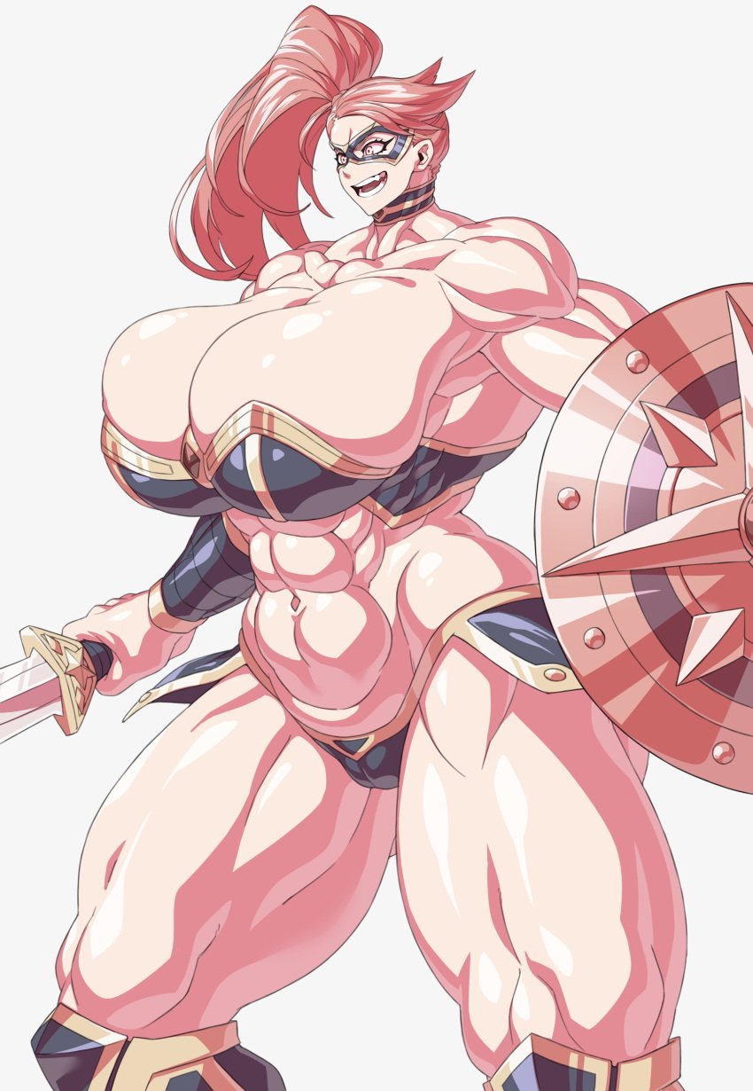 1girls abs athletic_female big_breasts huge_breasts hutago larger_female masked_female muscular_female pink_hair shield sword