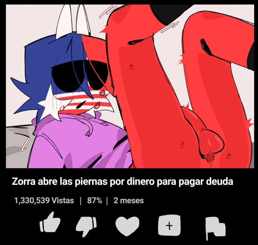 1boy ailewzol animal_ears balls clothing countryhumans erection femboy meme red_body red_penis red_skin shitpost spanish_text testicles text united_states_of_america_(countryhumans) youtube