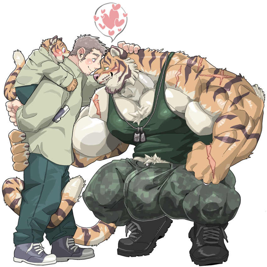 abs anthro arm_scar big_bulge big_muscles boots bottomwear bulge camo camo_bottomwear camo_clothing camo_pants camo_print carrying chan_kiti_chan_(artist) clothing dog_tags facial_scar family father_(lore) father_and_child_(lore) father_and_son_(lore) felid footwear fur group heart hi_res holding_partner human human_on_anthro interspecies jacket larger_anthro larger_male male male/male mammal military military_clothing multicolored_body multicolored_fur muscular muscular_anthro muscular_male pantherine pants parent_(lore) parent_and_child_(lore) parent_and_son_(lore) pattern_bottomwear pattern_clothing pattern_pants pecs piggyback romantic romantic_couple scar shirt size_difference smaller_anthro smaller_human smaller_male son_(lore) striped_body striped_fur stripes tank_top tiger topwear trio white_body white_fur yellow_body yellow_fur