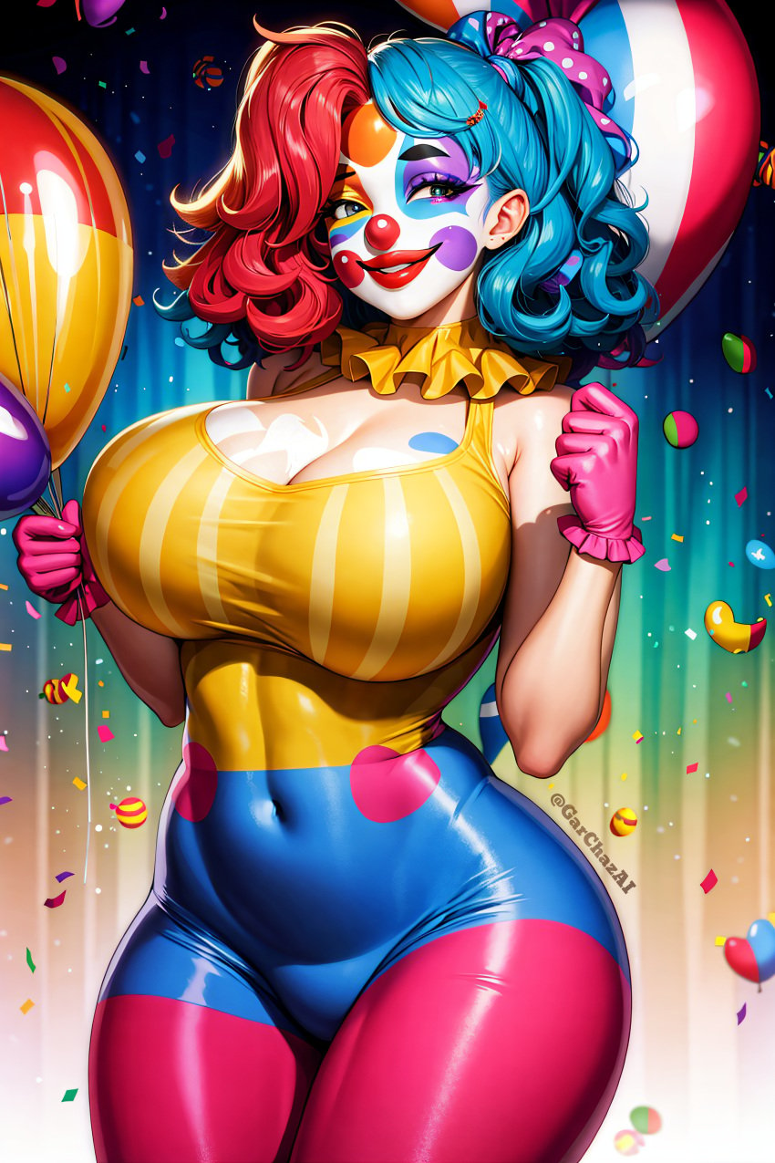 1girls ai_generated clown clown_girl clown_makeup female_focus female_only garchazai hi_res huge_breasts jokerfication solo_female solo_focus stable_diffusion voluptuous voluptuous_female