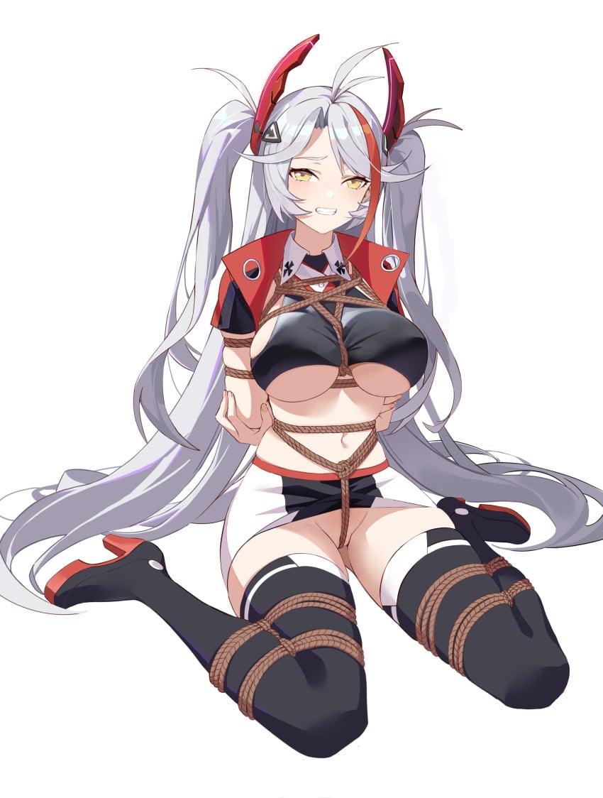 azur_lane bondage boots bound bound_arms bound_legs crotch_rope embarrassed female_focus female_only frogtie guangmi high_heel_boots high_heels large_breasts midriff midriff_baring_shirt miniskirt nervous_smile prinz_eugen_(azur_lane) prinz_eugen_(final_lap)_(azur_lane) rope rope_between_breasts rope_bondage sheepish_grin short_skirt skirt smile smiling thigh_boots thighhigh_boots underboob w_sitting white_hair