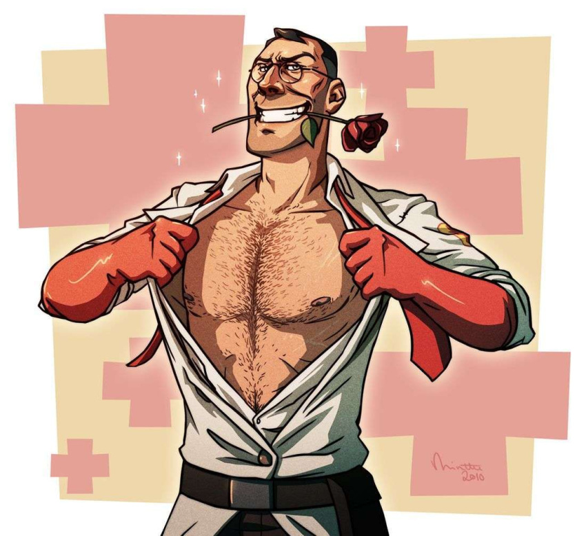 chest_hair doctor_sex gloves hairy hairy_chest hairy_male holding_shirt male male_only medic medic_(team_fortress_2) nerd official_alternate_costume open_shirt rose rose_(flower) rose_in_mouth signature solo team_fortress_2 tie