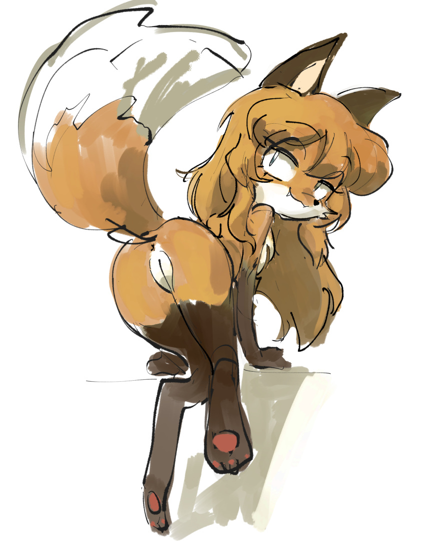 4chan absurd_res anthro averi_(fiddleafox) bent_over brown_body brown_fur canid canine dipstick_tail drawfag female female_anthro fox fur genitals gloves_(marking) hair hi_res leg_markings looking_at_viewer looking_back looking_seductive mammal markings pawpads paws pussy socks_(marking) solo tail tail_markings unknown_artist white_background white_body white_fur