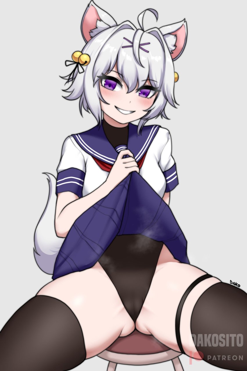 1girls ass ass_visible_through_thighs black_legwear bodysuit breasts cameltoe dako dakosito filian filian_(vtuber) fox_ears fox_girl fox_tail indie_virtual_youtuber legwear leotard lifted_by_self light-skinned_female looking_at_viewer patreon_logo purple_eyes school_uniform short_hair sitting skirt skirt_lift smile steam steaming_body thick thick_thighs thighhighs thighs twitch underwear virtual_youtuber vrchat vtuber white_hair