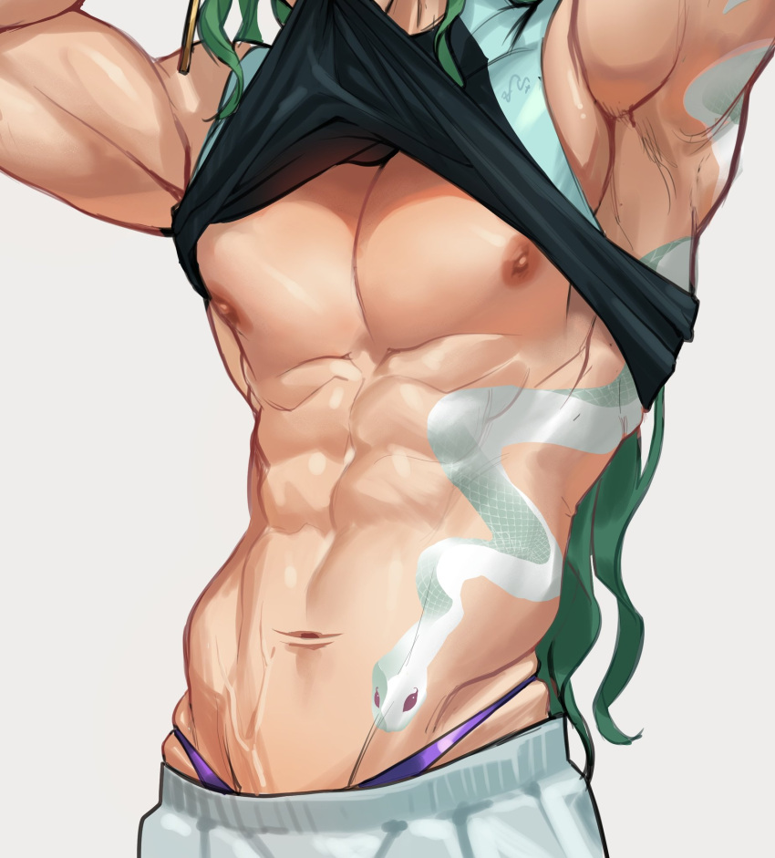 1boy abs baizhu_(genshin_impact) erect_nipples faceless_male gay genshin_impact long_hair male male_only muscular_male nipples shirt_lift snake_tattoo solo tattoo thong wallyandpeeps yaoi