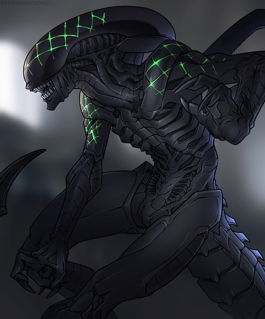 1boy alien alien_(franchise) animal_genitalia black_body blade claws eyeless genital_slit genitals glowing_scar hi_res ket-dawnatsunset male male_only male_xenomorph monster nude open_mouth scar slit solo spiked_tail spikes spikes_(anatomy) standing tail tail_blade teeth thick_tail weapon_tail xenomorph