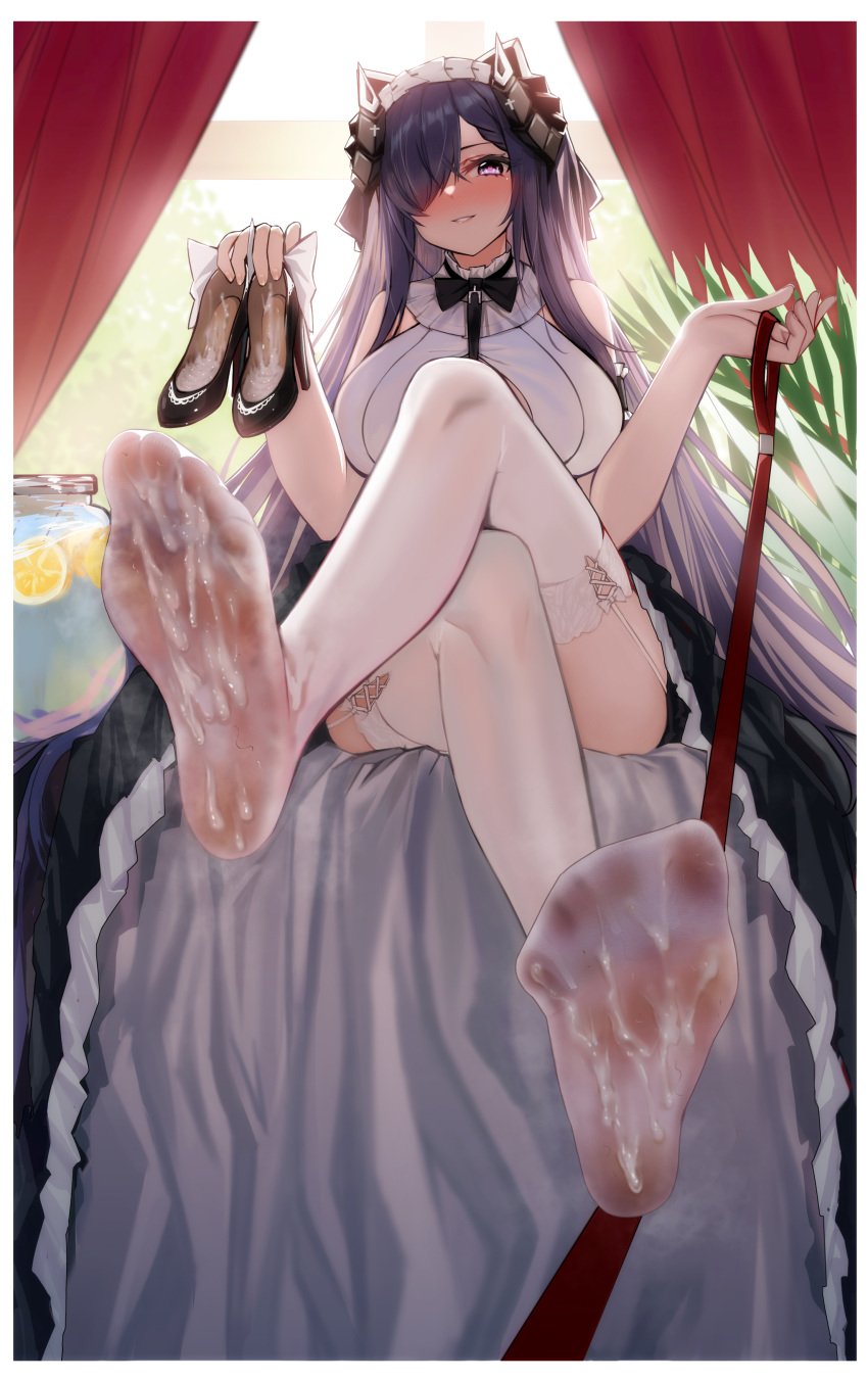 august_von_parseval_(azur_lane) azur_lane cang_se_ye_hua cum_in_shoe cum_on_feet feet femdom foot_fetish footwear_fetish heart-shaped_pupils holding_shoes leash leashed_pov stockings thigh_highs white_border