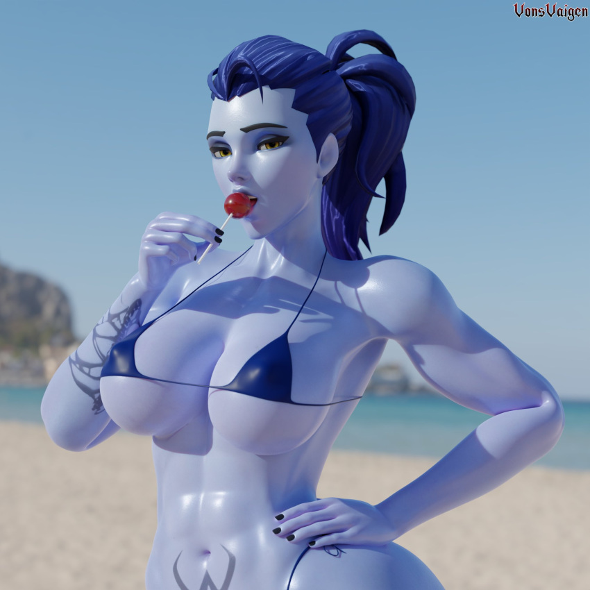 1girls 3d abs amelie_lacroix ass beach big_ass big_breasts bikini blizzard_entertainment breasts female female_only fit fit_female lollipop looking_at_viewer muscular muscular_female overwatch overwatch_2 purple_skin skimpy_bikini skimpy_swimsuit skimpy_swimwear solo swimsuit tattoo thick_thighs thong vonsvaigen wet_body wet_skin wide_hips widowmaker yellow_eyes