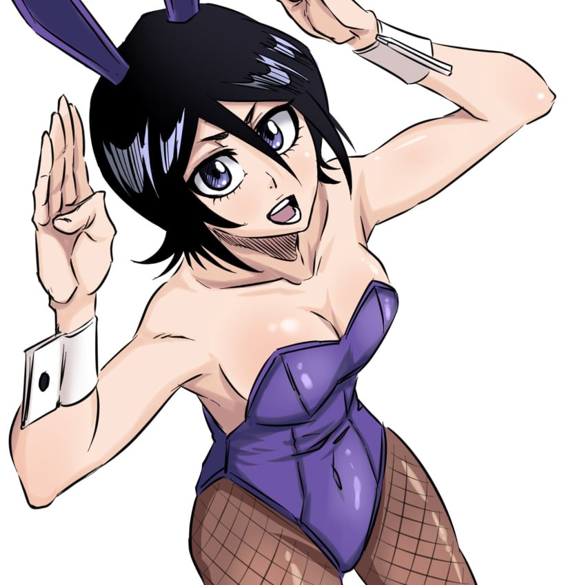 1girls animal_ears bare_shoulders black_hair bleach breasts bunny_ears bunny_girl bunnysuit cleavage covered_navel fake_animal_ears fishnet_pantyhose fishnets hair_between_eyes highres kuchiki_rukia leotard looking_at_viewer open_mouth pantyhose playboy_bunny purple_eyes purple_leotard rabbit_ears rabbit_pose rakusakugk short_hair small_breasts solo strapless strapless_leotard teeth white_background wrist_cuffs