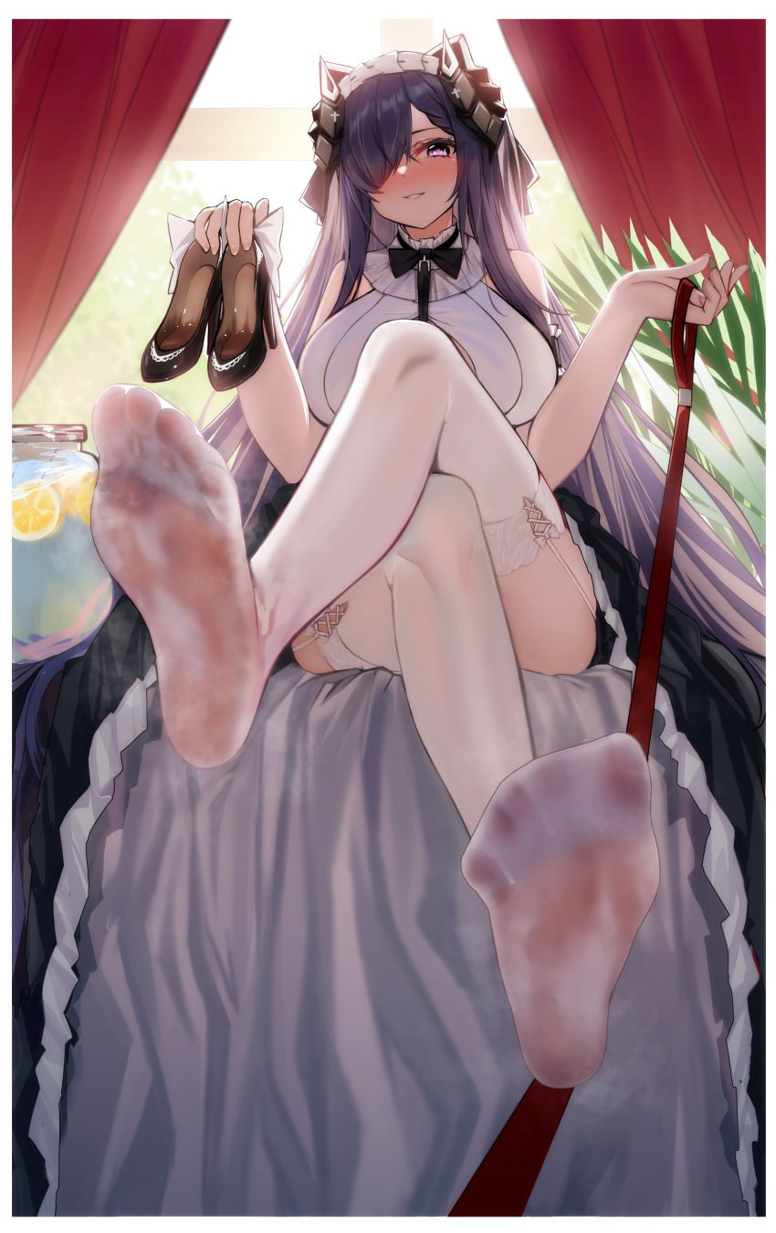 august_von_parseval_(azur_lane) azur_lane cang_se_ye_hua feet femdom foot_fetish heart-shaped_pupils holding_shoes leash leashed_pov stockings thigh_highs white_border