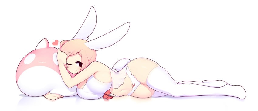 1girls black_eyes breast_press breast_rest breast_squish bunny_ears bunny_girl bunny_tail dress female female_only fiz fizintine full_body heart highres large_breasts light-skinned_female light_skin looking_at_viewer lying lying_on_side panties pillow pink_hair ribbon sideboob smiling smiling_at_viewer solo solo_female tagme thighhighs white_background white_thighhighs wink winking winking_at_viewer