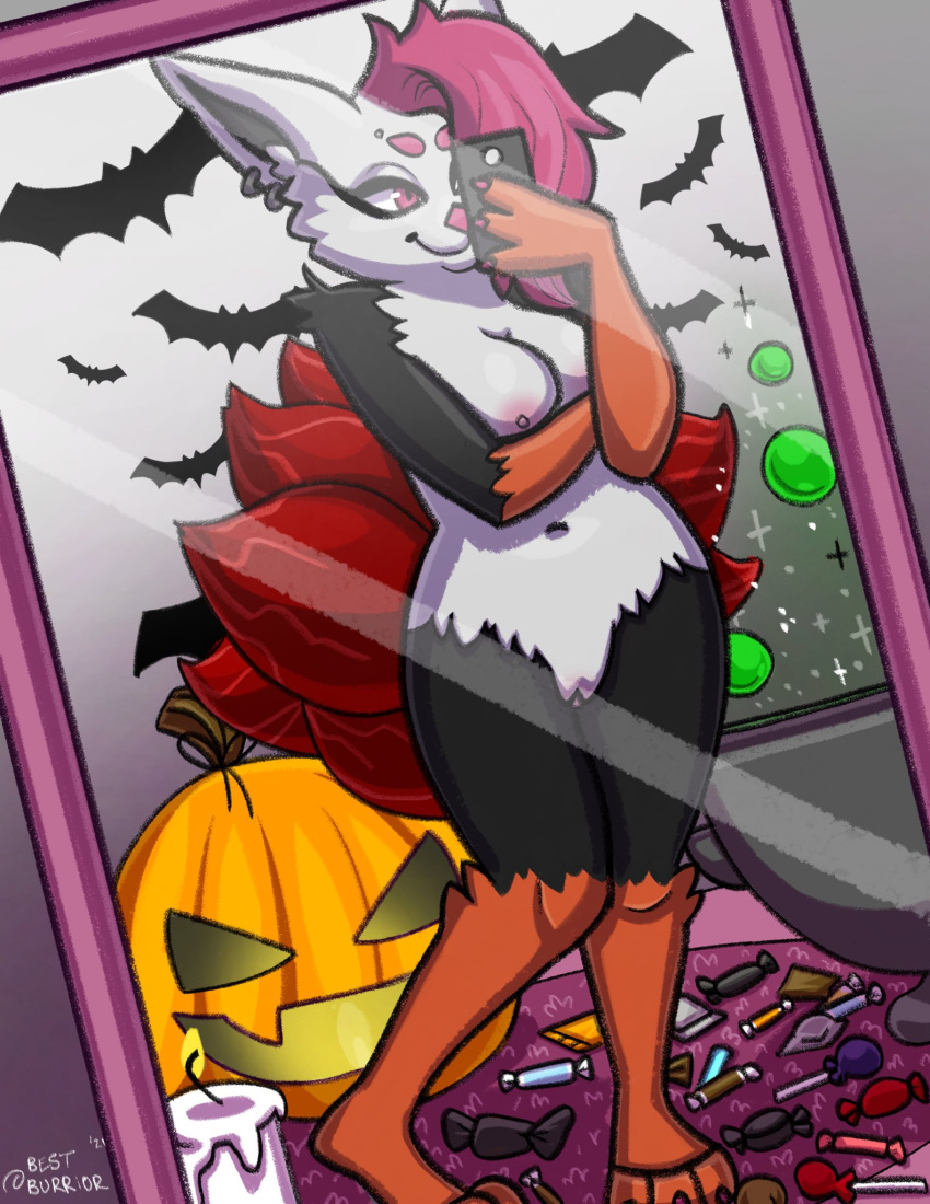 bestburrior halloween kitsune mirror nude_female original_character pumpkin raven_valentine_rose selfie