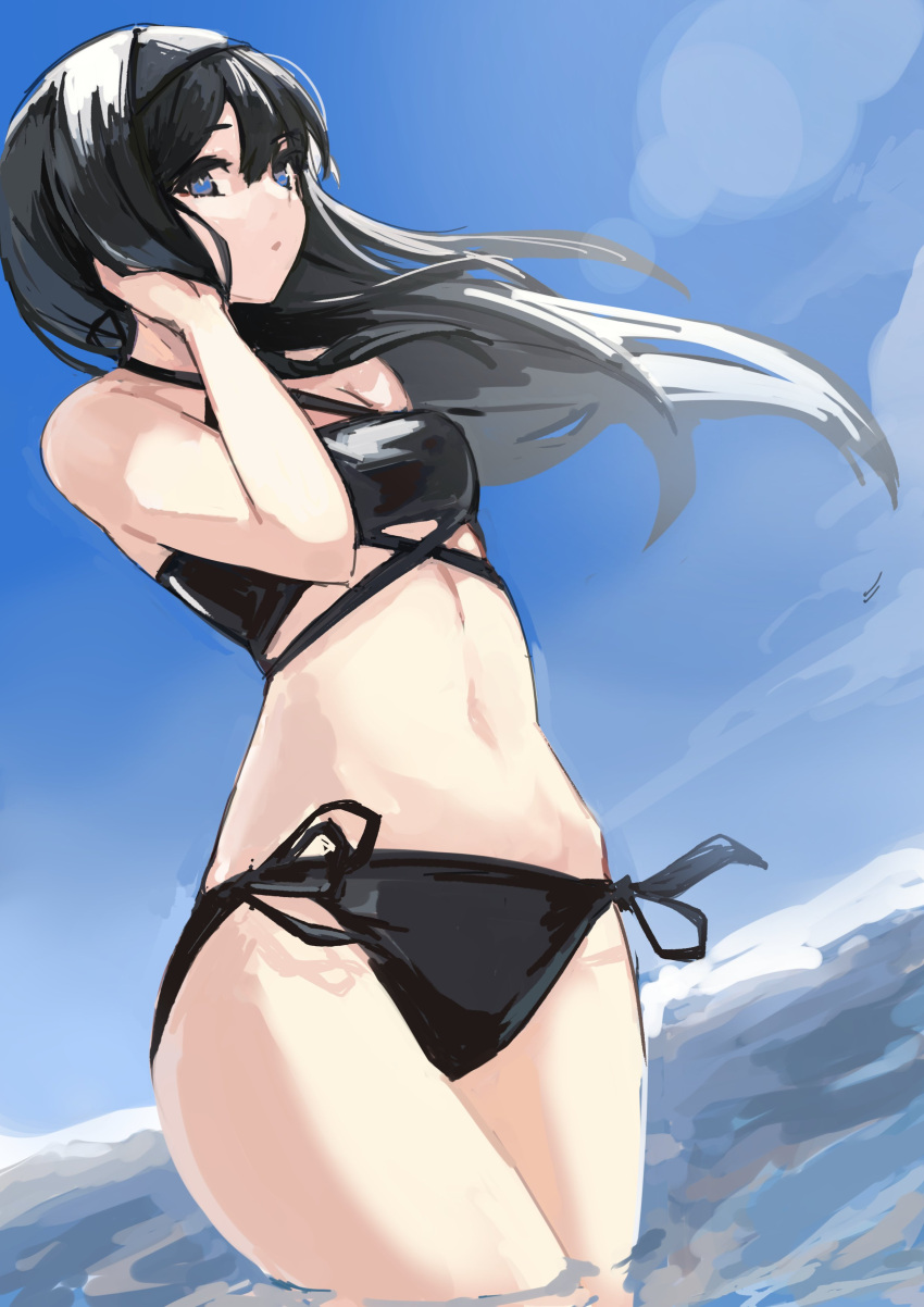 1girls bare_shoulders bikini bikini_bottom bikini_top black_bikini black_bikini_bottom black_bikini_top black_bra black_hair black_panties black_swimsuit blue_eyes bra dutch_angle female female_only hand_on_own_face highres hips jonyeld light-skinned_female long_hair looking_at_viewer navel panties sea small_breasts solo standing standing_in_water swimsuit thighs tohno_akiha tsukihime waist