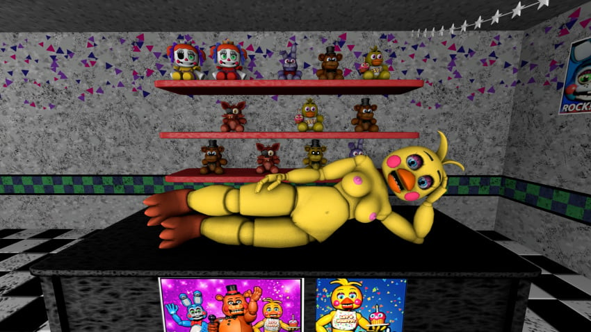 1girls 3d animatronic blue_eyes bonnie_plush breasts chica chica_plush chicken chicken_girl crown female female_only five_nights_at_freddy's five_nights_at_freddy's:_help_wanted five_nights_at_freddy's_2 fnaf foxy_plush freddy_plush girl golden_freddy_plush green_eyes looking_at_viewer missing_eye naked nude nude_female plush plush_baby plushie poster shelf solo source_filmmaker table toy_chica_(fnaf)