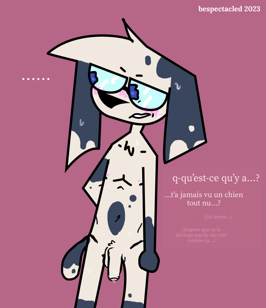 1boy absurd_res anthro artist_name balls ballsack bespectacled_(artist) blush canid canine canis dalmatian domestic_dog embarrassed embarrassed_nude_male eyewear eyewear_only flaccid_penis flat_colors foreskin french_text genitals glasses glasses_eyes glasses_only hand_behind_back hi_res humanoid_genitalia humanoid_penis intact long_ears male male_nipples male_only mammal nude_male partially_retracted_foreskin penis precum presenting scrotum skinny smooth_penis sweat testicles text toony toony_expression uncut