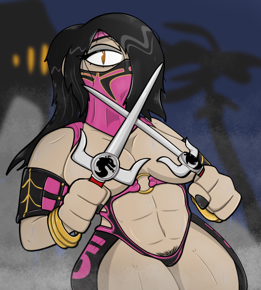 abs black_hair breast_grab convenient_censoring eyeshadow hot_spring mask masked_female mileena mortal_kombat mortal_kombat:_deception ninja orange_eyes pubic_hair pubic_hair_peek toned_female virus_lewds