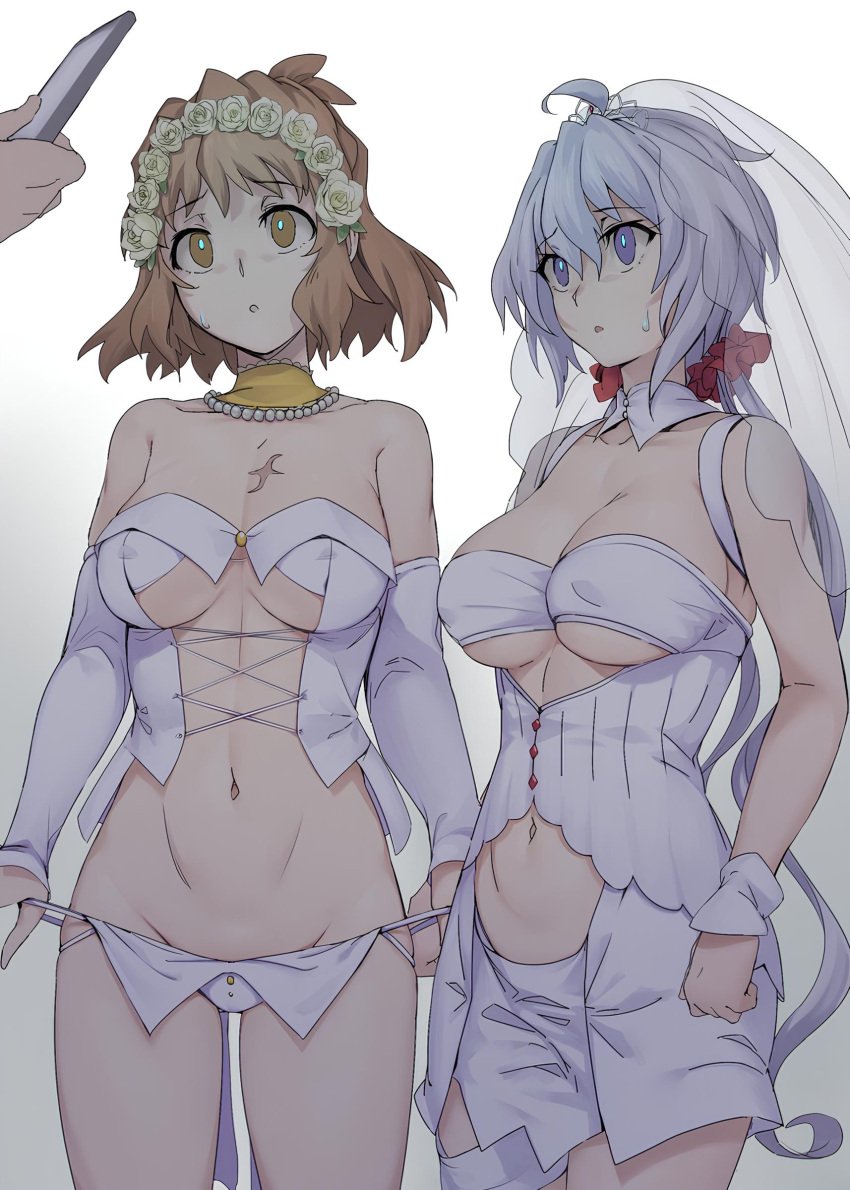 1other 2girls bare_belly bare_shoulders big_breasts brainwashing bridal_veil bride brown_eyes brown_hair collar empty_eyes glowing hypnosis mind_control multiple_girls navel nipples_visible_through_clothing no_bra phone purple_eyes scar sekitan_mmmm senki_zesshou_symphogear short_hair sweatdrop tachibana_hibiki_(symphogear) undressing wedding_dress white_hair yukine_chris