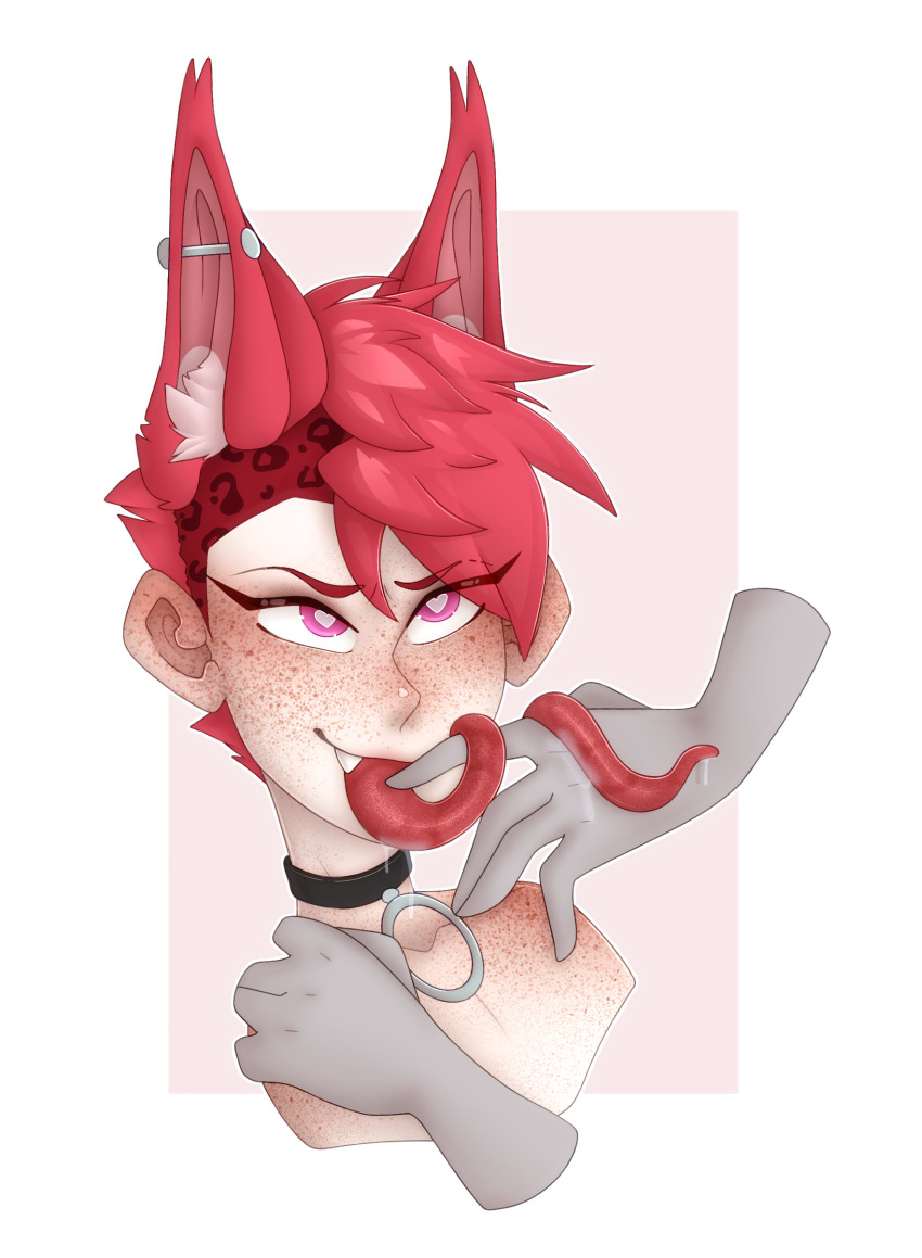 aldtecaia anon bedroom_eyes collar fangs fox_ears freckles heart-shaped_pupils long_tongue monster_tongue noxxyboy oc oerba_yun_fang piercing pink_eyes pink_fur pink_hair pov red_fur red_hair red_lipstick saliva saliva_drip saliva_trail tomboy vore wet