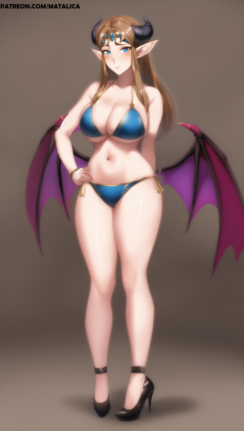 ai_generated bikini black_heels blue_bikini blue_eyes blush blushing brown_hair crown elf elf_ears freckles freckles_on_ass freckles_on_breasts freckles_on_face high_heels horns long_hair matalica nintendo novelai pinup princess_zelda self_upload solo standing succubus succubus_horns succubus_wings the_legend_of_zelda zelda_(twilight_princess)