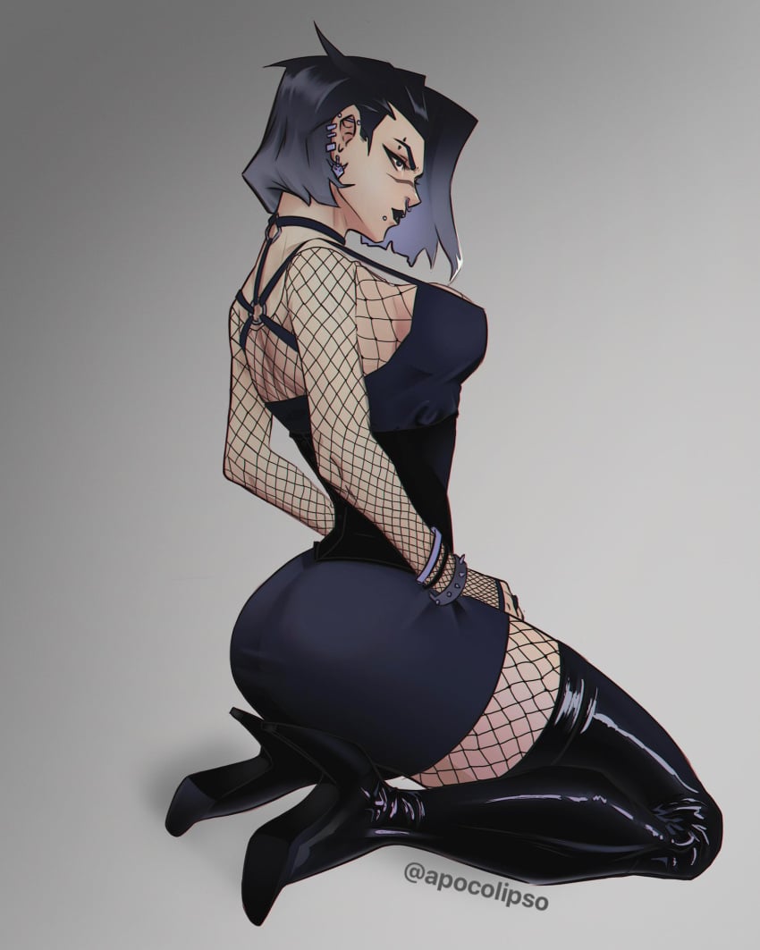 1girls apocolipso big_breasts black_lipstick breasts dress fade_(valorant) fishnets goth goth_girl high_heel_boots high_heels lipstick pierced_ears piercing piercings riot_games tagme valorant