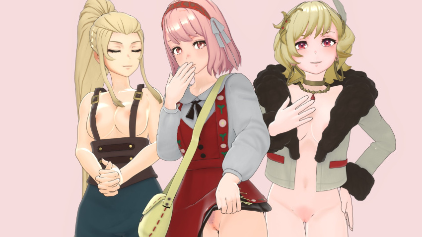 3d 3girls asymmetrical_bangs bangs blonde_hair breasts citrinne_(fire_emblem) closed_eyes emilyblend34 female female_only female_pubic_hair fire_emblem fire_emblem_engage flashing grin hands_together jacket jade_(fire_emblem) lapis_(fire_emblem) large_breasts lifted_by_self long_hair looking_at_viewer medium_breasts medium_hair multiple_girls naked_jacket naked_suspenders nintendo no_panties nude nude_female pink_eyes pink_hair ponytail pubic_hair pussy red_eyes sideboob skirt_lift suspenders very_long_hair