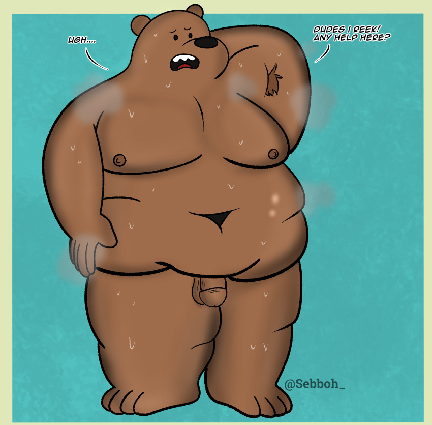 absurd_res anthro armpit_hair balls bear bodily_fluids body_hair cartoon_network dialogue genitals grizzly_(wbb) hi_res male male_focus male_only mammal moobs nipples nude obese overweight penis sebboh solo standing sweat sweatdrop sweaty_legs we_bare_bears