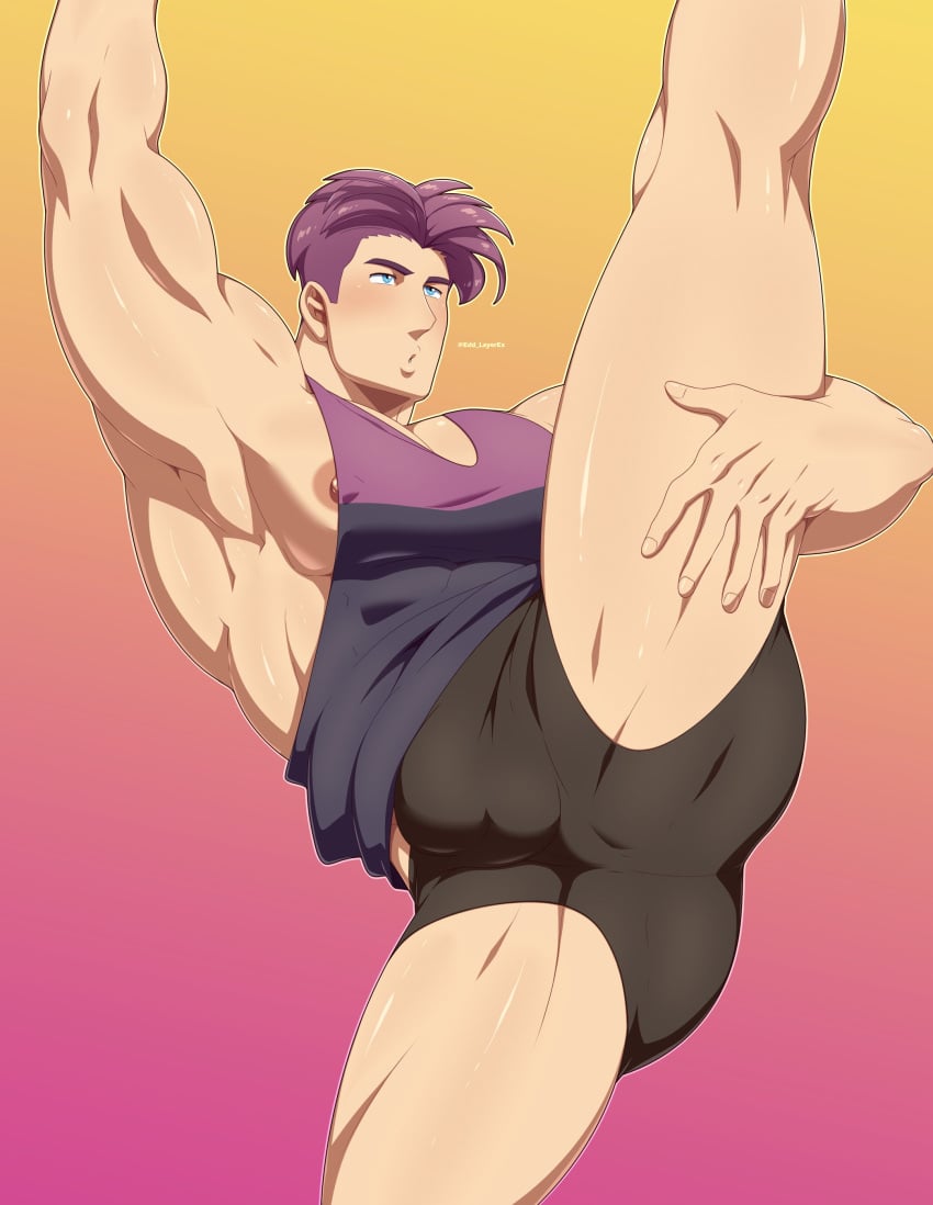 blue_eyes blush blushing booty_shorts bulge bulge_through_clothing clothed clothed_male clothing edd_layerex gay gym_clothes leg_up male male_only original_character purple_hair side_pec solo stretching tagme tank_top thick_thighs tight_clothing