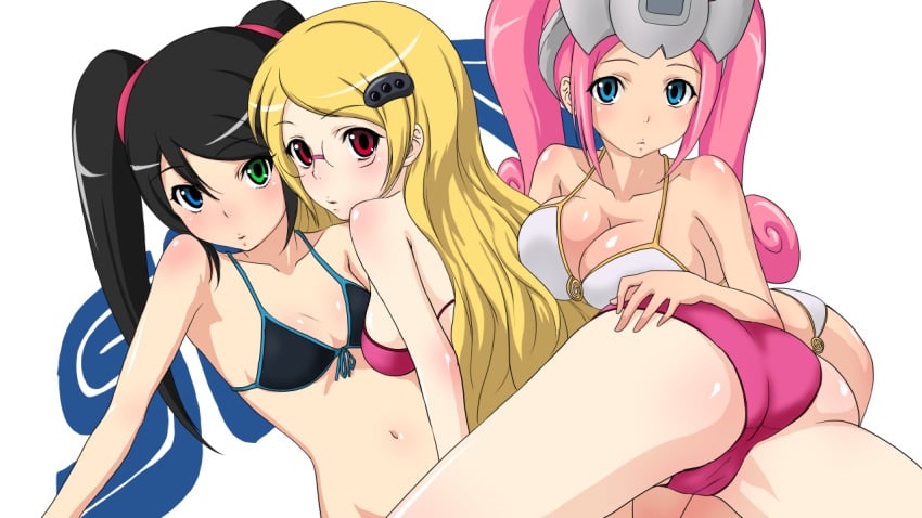 2022 3girls artist_request ass bellybutton big_breasts black_hair blonde_hair blue_eyes blush breasts dreamcast_(sega_hard_girls) green_eyes hair_ornament heterochromia long_hair medium_breasts mega_drive_(sega_hard_girls) pink_hair red_eyes sega sega_hard_girls sega_saturn_(sega_hard_girls) swimsuit twintails white_background