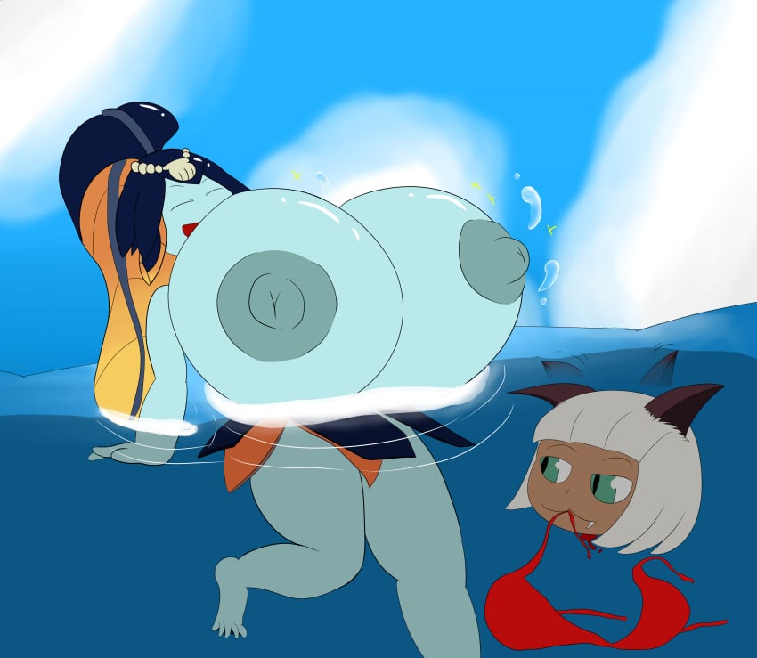 blue_skin dingusdongus18 fish_girl gigantic_breasts huge_nipples large_areolae minette_(skullgirls) nadia_fortune skullgirls swimming swimsuit swimsuit_top topless