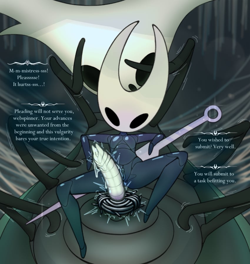 1boy 1girls accessory animal_humanoid anthro anthro_on_feral arthropod arthropod_humanoid barbed_wire bestiality black_eyes cbt cock_and_ball_torture cock_ring dialogue dominant dominant_female duo english_text erection female femdom feral genital_torture hi_res hollow_knight_(franchise) hornet_(hollow_knight) humanoid insect jewelry larger_sub male male/female mask melee_weapon nude nude_female penis_accessory penis_jewelry rolld6toporn size_difference spider_web spiked_cock_ring styx_(hollow_knight:_silksong) submissive team_cherry text weapon