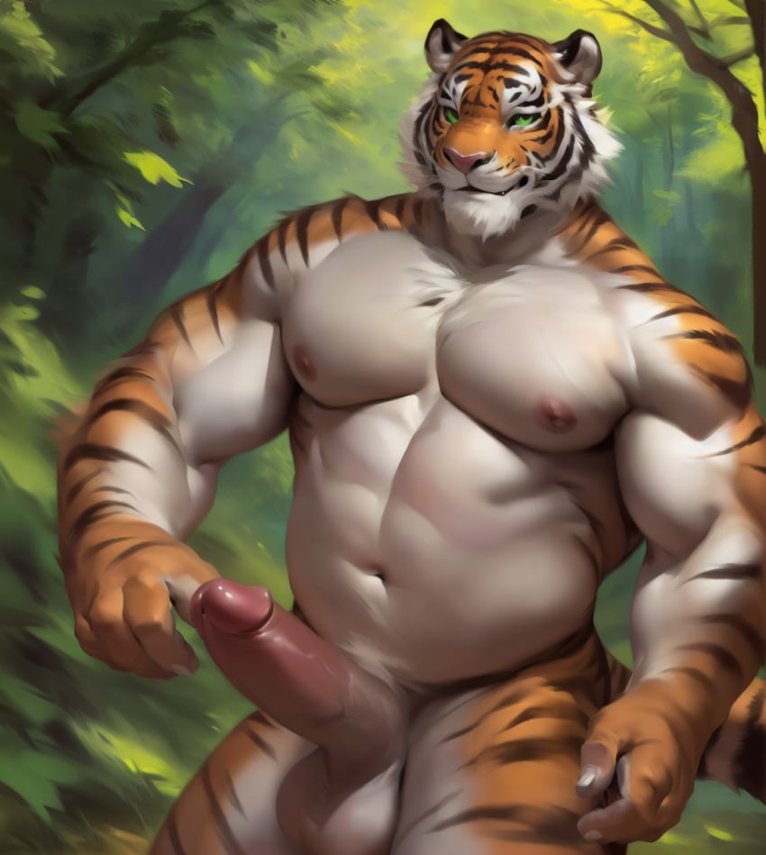 abs ai_generated anthro areola areolae balls barazoku forest fur furry glans green_eyes looking_at_viewer moobs musclegut muscular muscular_anthro muscular_male navel nipples orange_fur penis riseflux slightly_chubby solo striped striped_fur stripes tail tiger