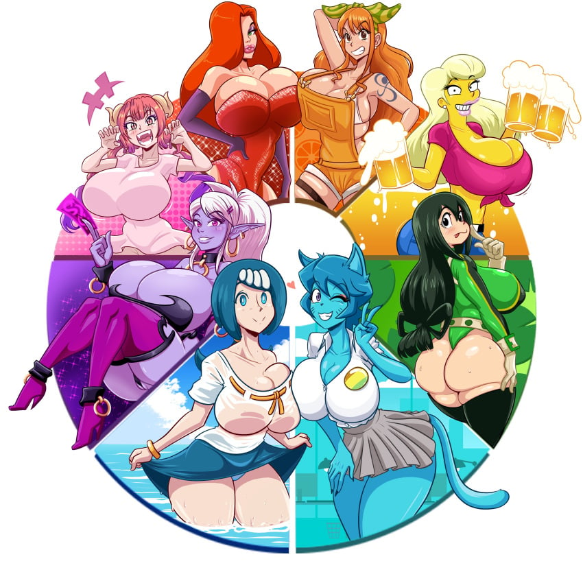 8girls asui_tsuyu asymmetrical_docking bangs barely_contained beer big_ass big_breasts blonde_hair blue_hair breast_press breast_squish breasts bursting_breasts catgirl cleavage color_wheel_challenge crossover dragon_girl duff_beer elf fangs female female_only frog_girl hair_over_one_eye heart hero_outfit_(mha) high_heels horns huge_ass huge_breasts ilulu_(dragon_maid) jessica_rabbit kogeikun lana's_mother_(pokemon) large_breasts long_hair manaworld milf motion_lines multiple_girls my_hero_academia nami nicole_watterson one_piece one_piece_film_stampede panties pointing_at_self pokemon post-timeskip purple_skin sharp_teeth short_hair sidelocks skin_tight sweat sweaty_butt syx the_simpsons thick_thighs thighhighs titania_(the_simpsons) tongue_out tsuyu_asui upskirt wedgie wet wet_shirt white_background who_framed_roger_rabbit