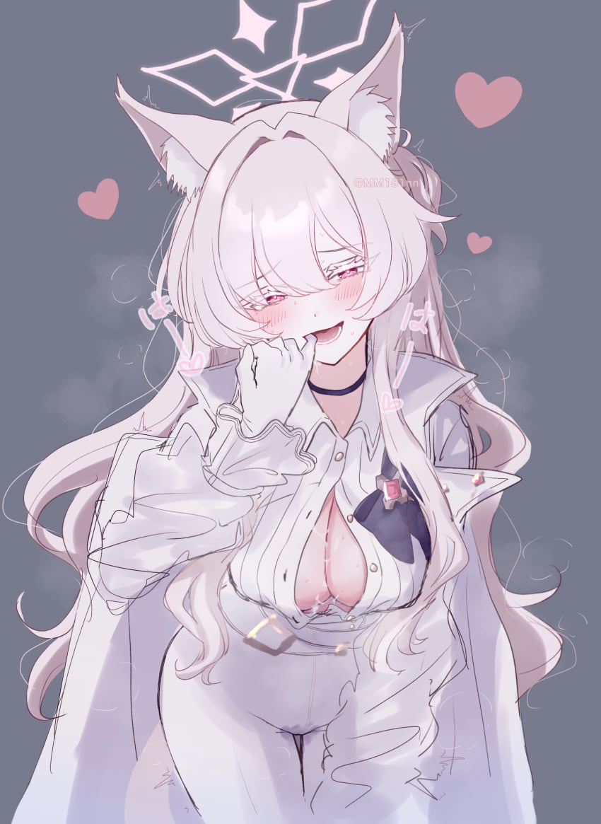 akira_(blue_archive) animal_ear_fluff animal_ears artist_request black_choker blue_archive blush breasts cat_ears cat_tail choker cleavage cloak cum cum_on_body cum_on_breasts female gloves grey_hair hair_intakes half-closed_eyes halo heart highres large_breasts leaning_forward long_hair mmmt0a4w0a6k pants pussy_juice_stain ribbed_sweater seven_prisoners_(blue_archive) shirt smile solo sweater tail thigh_gap very_long_hair white_cloak white_gloves white_pants white_shirt