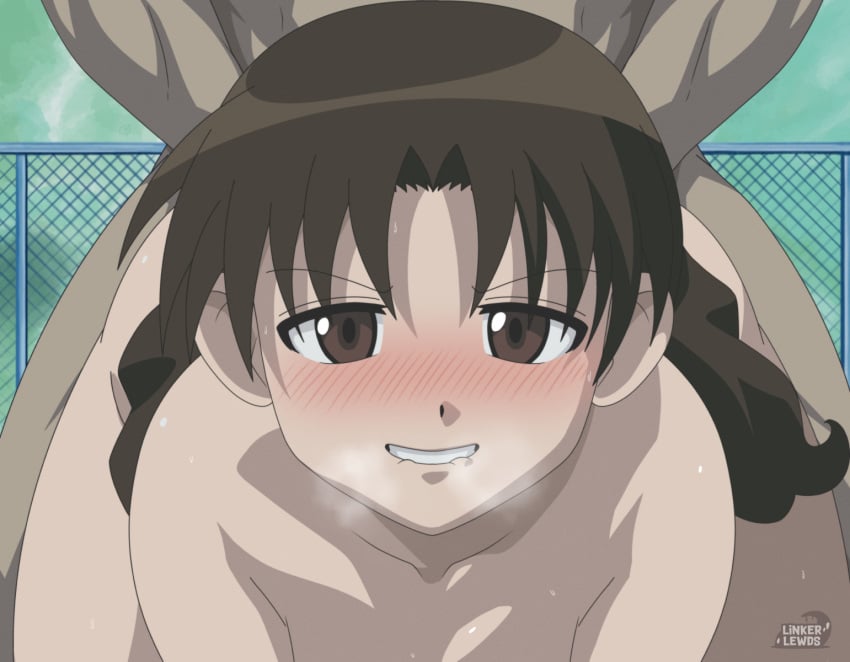 1boy 1girls aroused azumanga_daiou bent_over biting_lip blush brown_eyes brown_hair linkerlewds looking_at_viewer please_look_forward_to_it screenshot_edit tagme yukari_tanizaki