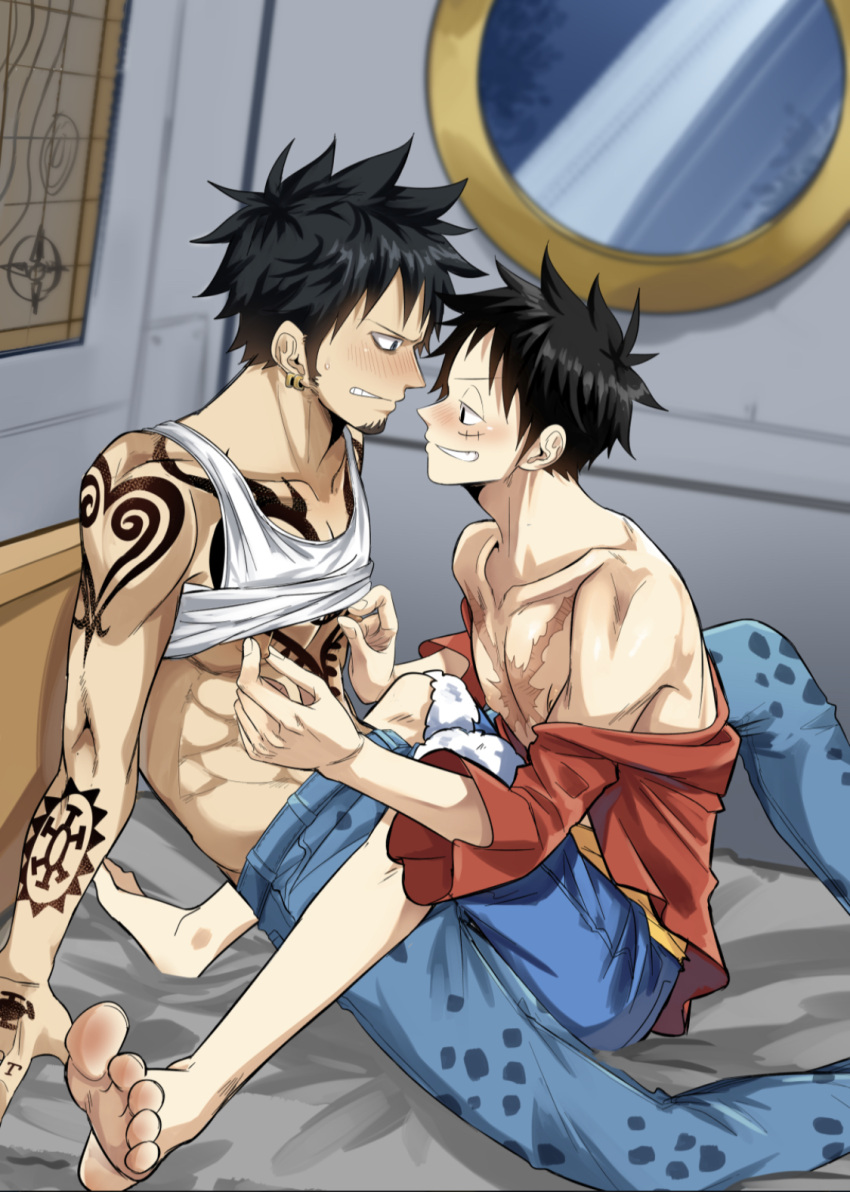 bed bedroom black_hair blush earrings feet gay imminent_sex jeans male male_only monkey_d_luffy nipple_tweak nipples one_piece scar scars shin_dong shorts smiling smirk trafalgar_law undressing yaoi