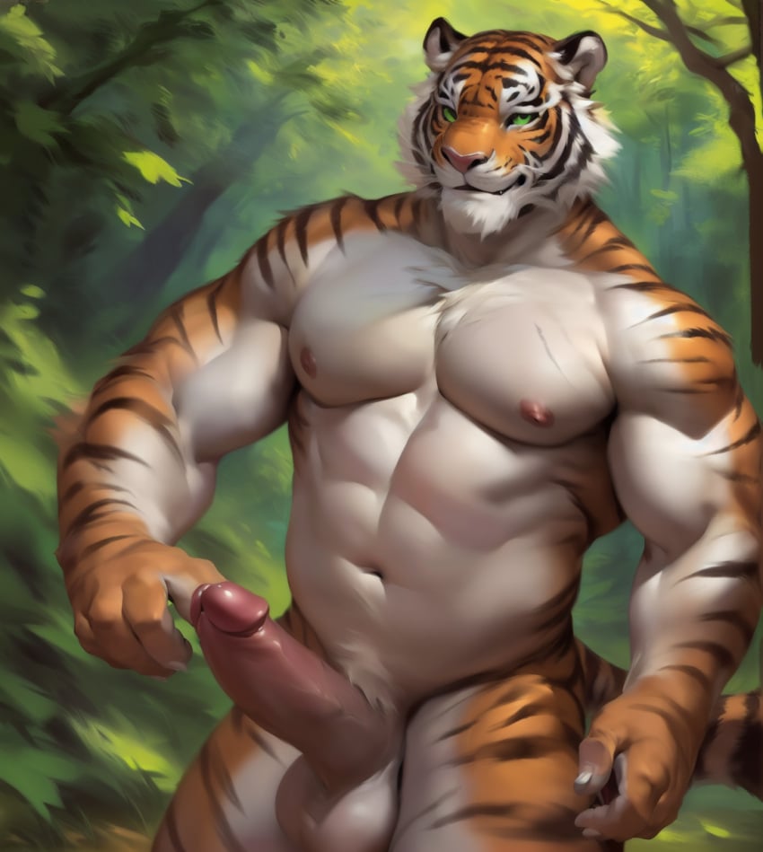 abs ai_generated anthro areola areolae balls barazoku forest fur furry glans green_eyes looking_at_viewer moobs muscular muscular_anthro muscular_male navel nipples orange_fur penis riseflux slightly_chubby solo striped striped_fur stripes tail tiger