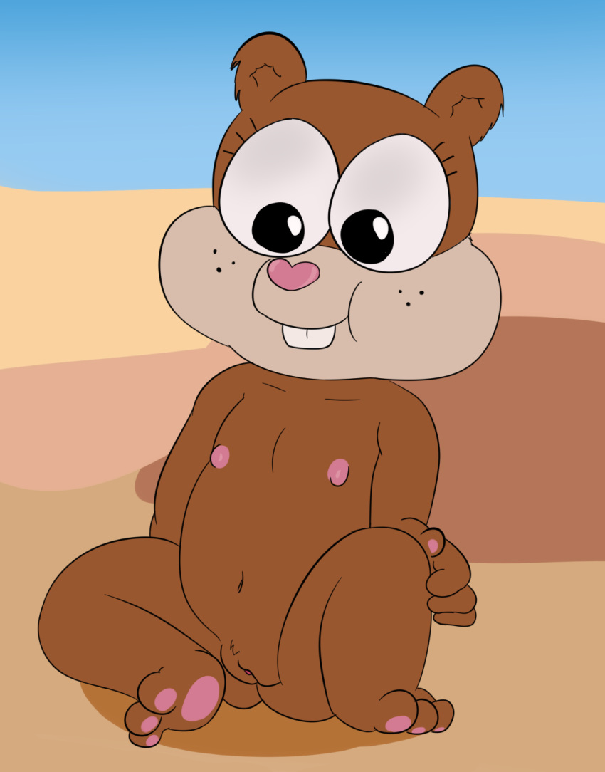 1girls basic_background beach belly_button bent_knees blue_sky brown_fur buckteeth chubby chubby_cheeks cub female female_focus female_only flat_chest hand_on_leg kamp_koral:_spongebob's_under_years naked_female navel nipples no_panties pawpads paws pink_nose provo sand sandy_cheeks spongebob_squarepants spread_legs squirrel visible_pussy