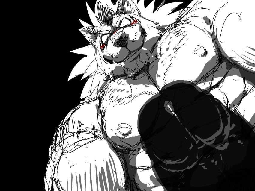 2023 4:3 anthro black_background black_nose blush canid canine canis digital_drawing_(artwork) digital_media_(artwork) genitals grin hi_res looking_at_viewer male mammal monapic_chang muscular muscular_anthro muscular_male nipples penis simple_background smile solo wolf