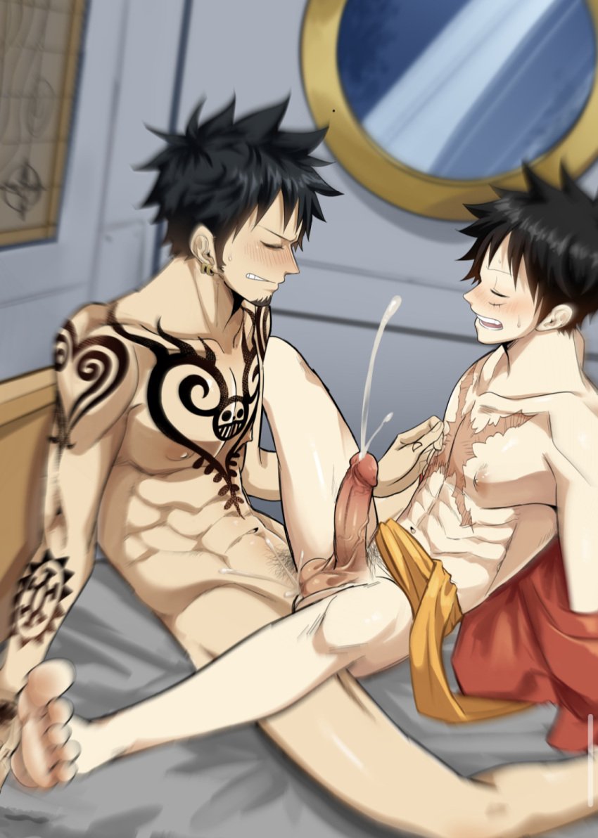 anal anal_sex balls bare_shoulders bed bedroom black_hair blush bottomless cum cumming cumming_from_anal_sex earrings erection feet functionally_nude gay in_lap jeans large_penis long_penis male male_only monkey_d_luffy nipples one_piece open_mouth orgasm penis pubes pubic_hair scar scars shin_dong shorts size_difference straddling tank_top testicles trafalgar_law undressing yaoi