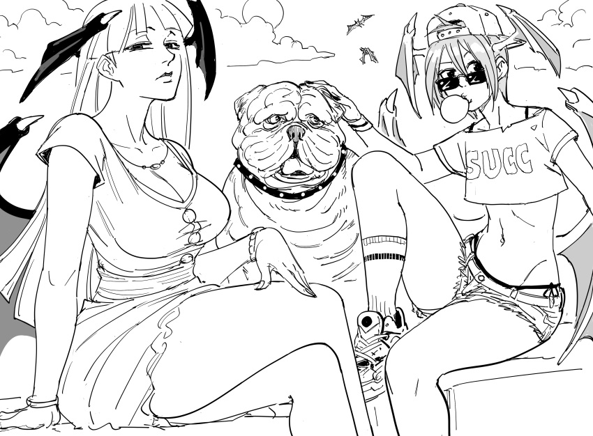 absurd_res bat bats bb_(baalbuddy) big_breasts canine clothing darkstalkers disappointed disappointed_look disappointing disgusted dress emotionless flat_chest glasses hat large_breasts lilith_aensland long_hair monochrome morrigan_aensland no_color no_humans short_hair shorts small_breasts small_penis_humiliation small_tits sunglasses unamused unenthusiastic unimpressed unsatisfied voluptuous voluptuous_female