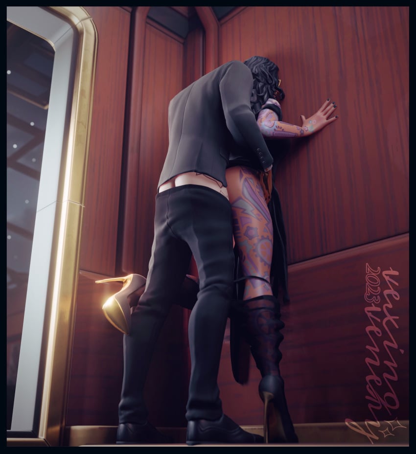 1boy 1girls 3d against_wall ass back_view blender blurry blurry_background clothed clothing detailed_background dress epic_games female female_focus fortnite high_heels jules_(fortnite) leaning_against_wall light-skinned_female light-skinned_male light_skin looking_at_another looking_at_partner male male/female male_penetrating male_penetrating_female midas_(fortnite) pants_down pantyhose room sex standing standing_sex tagme vexingvenery watermark