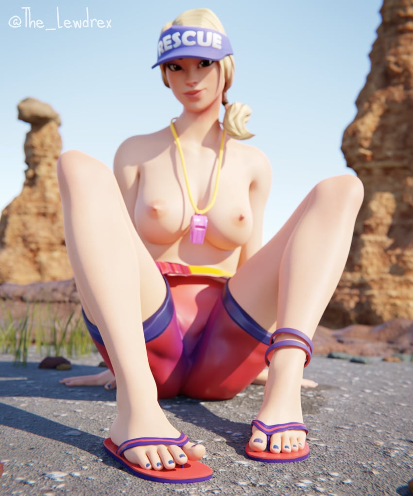 1girls 3d alternate_version_available areolae ass blender blonde_hair blurry blurry_background bottomwear breasts clothed clothing detailed_background epic_games female female_focus female_only foot_focus fortnite half-dressed half_naked headwear highres lewdrex lifeguard light-skinned_female light_skin looking_at_viewer medium_breasts nipples on_floor outdoors outside partially_clothed presenting presenting_breasts sandals shadow shorts sitting solo solo_focus spread_legs sun sun_strider sunlight sunstrider_(fortnite) topless watermark whistle whistle_around_neck