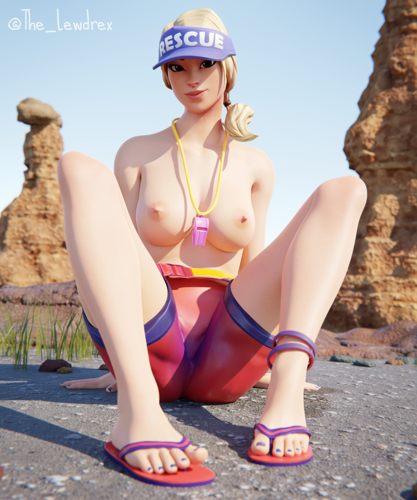 1girls 3d alternate_version_available areolae ass blender blonde_hair bottomwear breasts clothed clothing detailed_background epic_games female female_focus female_only fortnite half-dressed half_naked headwear highres lewdrex lifeguard light-skinned_female light_skin looking_at_viewer medium_breasts nipples on_floor outdoors outside partially_clothed presenting presenting_breasts sandals shadow shorts sitting solo solo_focus spread_legs sun sun_strider sunlight sunstrider_(fortnite) topless watermark whistle whistle_around_neck