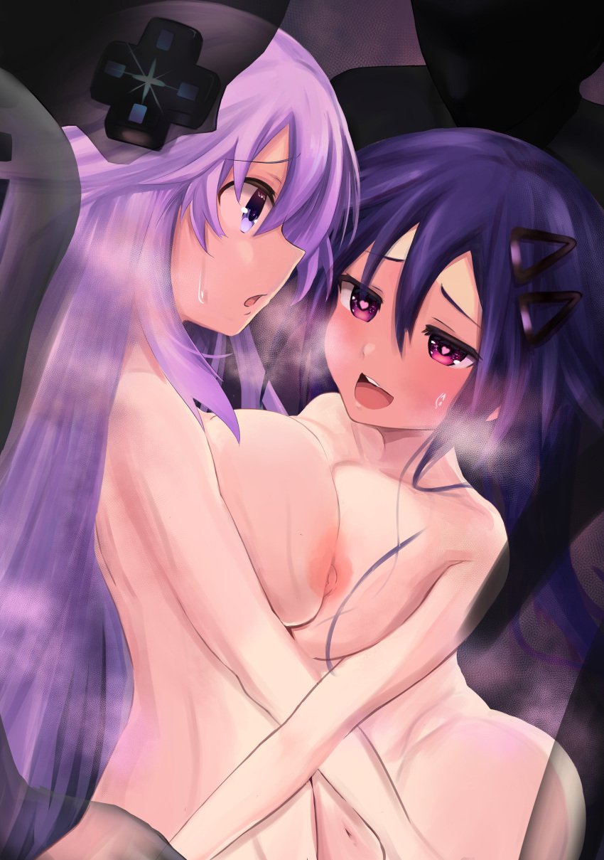 2023 2girls adult_neptune big_breasts blue_hair blush compile_heart heart heart-shaped_pupils idea_factory kurome_ankokuboshi looking_at_another multiple_girls neptunia_(series) nounaikakusan nude open_mouth pink_hair pleasure_face pressed_together pressing_breasts_together purple_eyes side_view steam sweat wet yuri